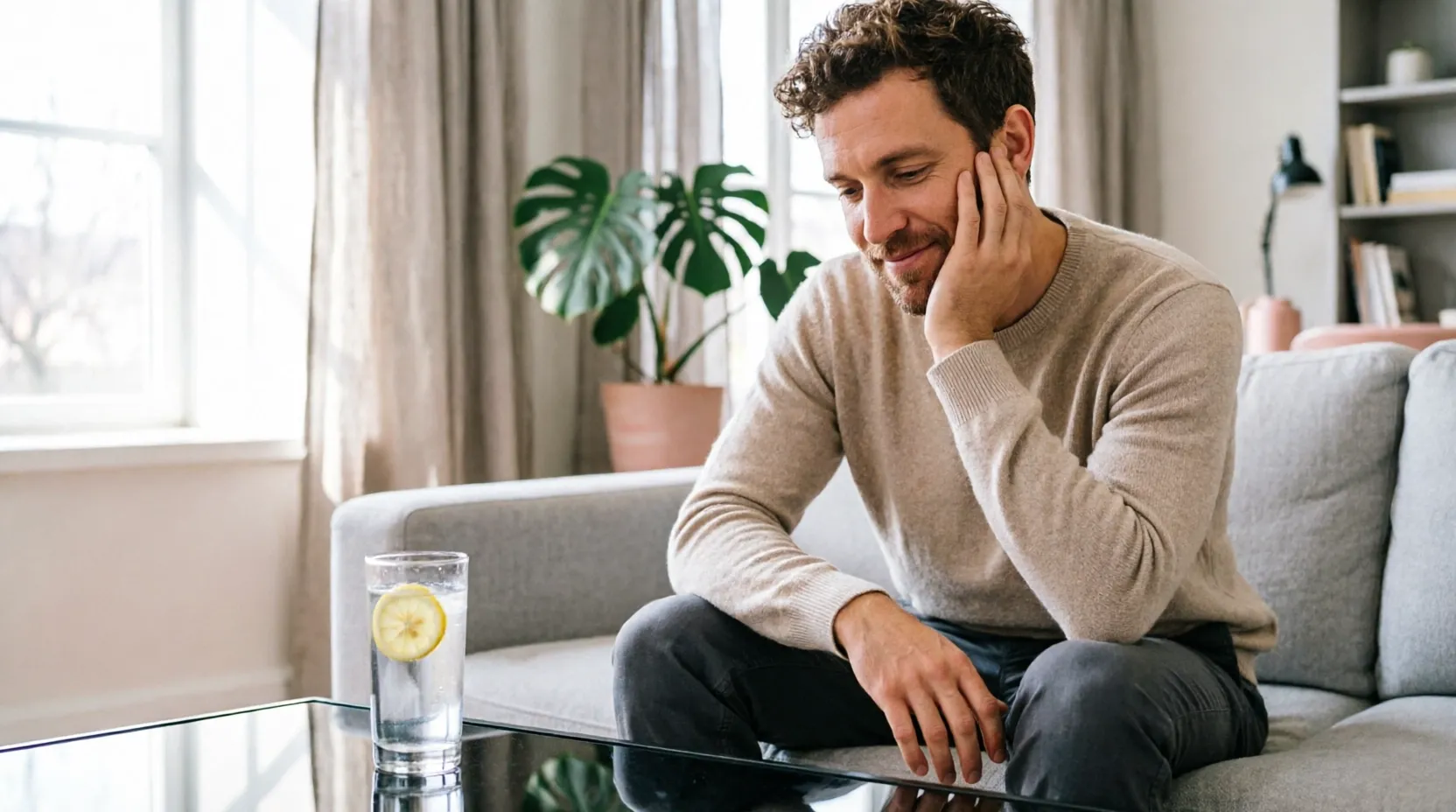 Мужчина смотрит на стакан воды с лимоном